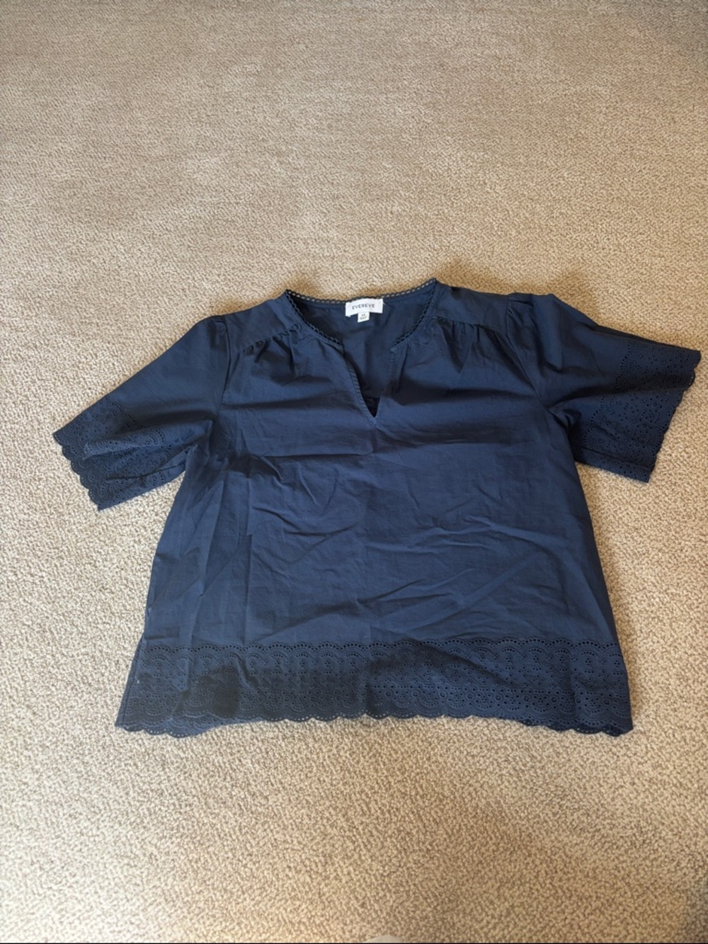 Evereve Navy Eyelet-Trim Split Neck Blouse